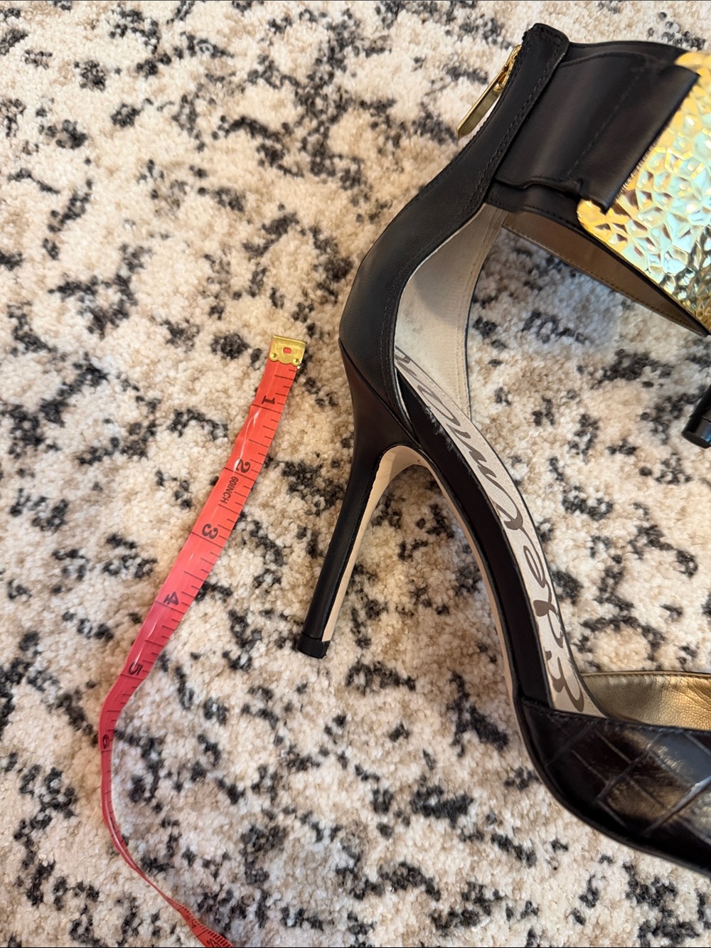 Sam Edelman Black Croc-Embossed Pointed Toe Heels with Gold Textured Ankle Cuff - Picture 4 of 4